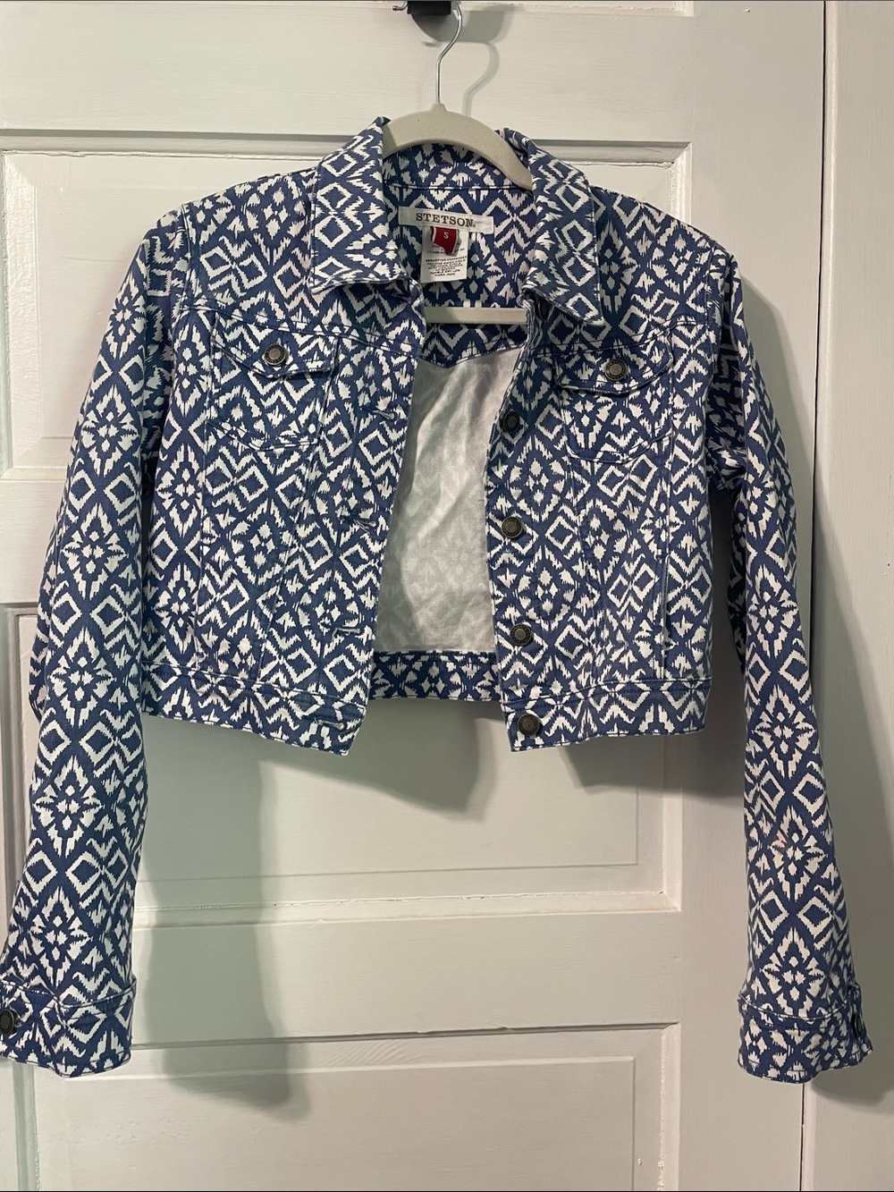 Stetson Blue & White Geometric Cropped Jean Jacket Ladies Small